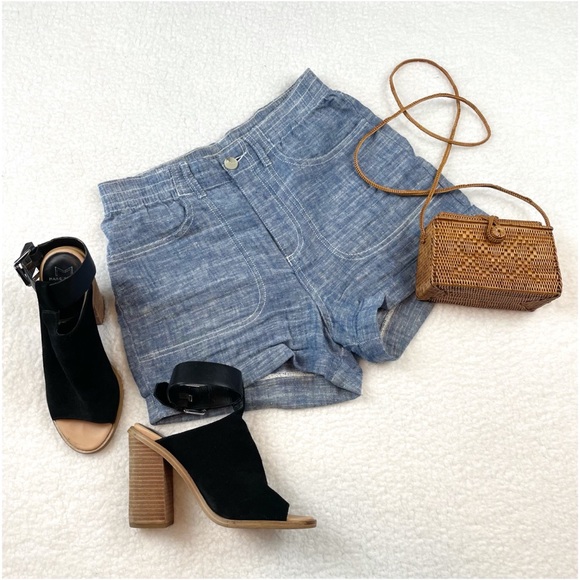 FRENCH CONNECTION • Blue Linen High-Waisted Shorts - Picture 13 of 13